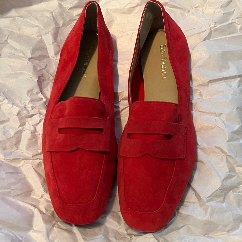 Enzo Angiolini Red Suede Leeba Penny Loafers Sz 8/38.5 Rubber Sole NWOB